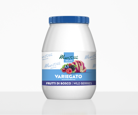 Frasco de plástico branco com tampa azul, rótulo Martini Gelato Variegato Frutti di Bosco Wild Berries, com frutos si...