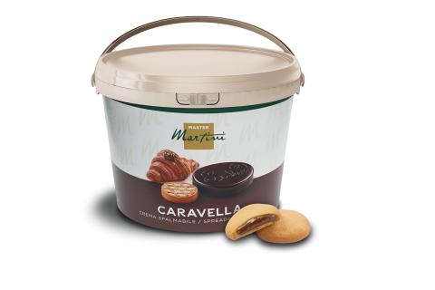 Balde de plástico branco de creme para barrar Master Martini Caravella, com imagens de croissant e bolacha no rótulo,...