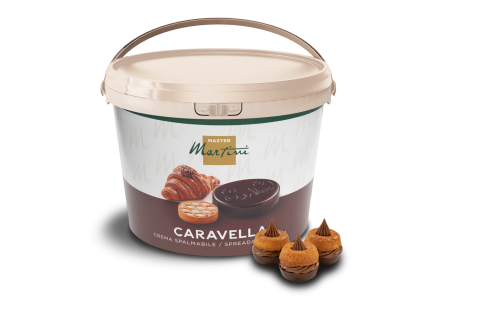 Balde grande de creme para barrar Master Martini Caravella, com pastelaria e chocolates ao lado