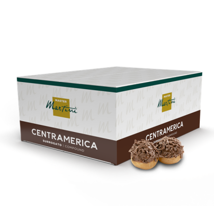 Caixa de cobertura de chocolate Master Martini Centramerica, com duas pastelarias cobertas de chocolate ao lado