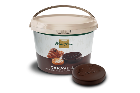 Balde branco grande de creme para barrar Master Martini Caravella junto a disco de chocolate negro gravado