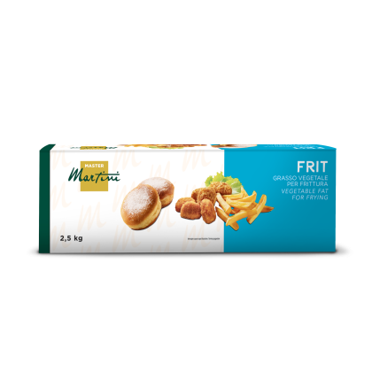 Caixa de gordura vegetal de fritura Master Martini FRIT, 2,5 kg, com donuts açucarados, nuggets fritos e batatas fritas