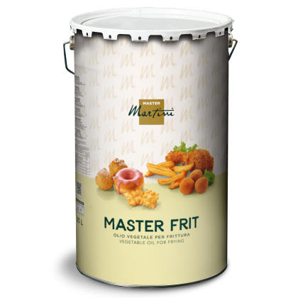 Lata metálica de óleo de fritura Master Martini "Master Frit", rótulo bege com imagens de fritos, 25L