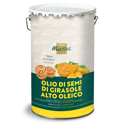 Balde metálico de óleo de girassol alto oleico Master Martini, indicado para fritar, com imagens de fritos