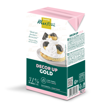 Natas batidas açucaradas Master Martini Decor Up Gold, embalagem 1L, 31% gordura, com imagem de choux