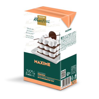 Embalagem de 1L de natas açucaradas Master Martini Maxime, 26% de gordura, com imagem de sobremesa em camadas.