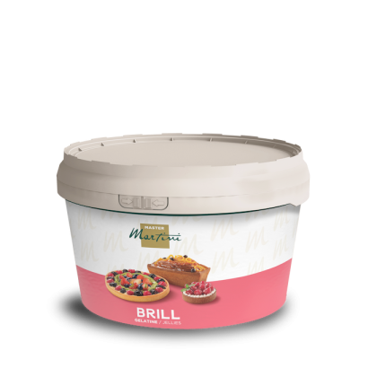 Embalagem de gelatina/glaceado Master Martini Brill com tampa bege, rótulo com tartes de fruta em fundo branco e rosa