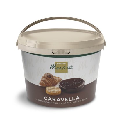 Balde bege de creme de chocolate para barrar Master Martini Caravella, com rótulo de croissant e bolachas