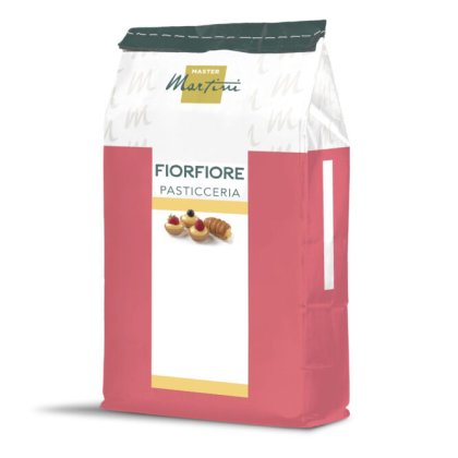 Saco vermelho e branco de mistura para pastelaria Master Martini Fiorfiore Pasticceria com imagens de doçaria no rótulo