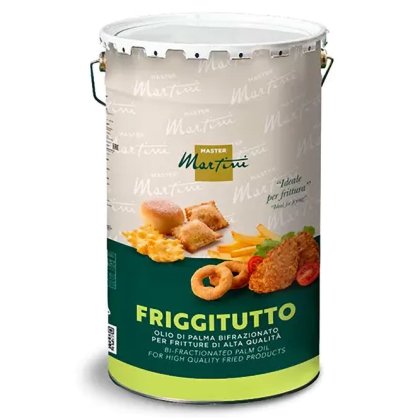 Balde metálico de óleo de palma bifraccionado Master Martini Friggitutto, rótulo verde com imagens de fritos.