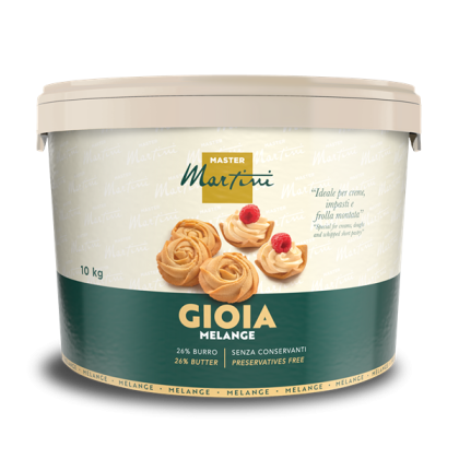 Balde de 10 kg de creme de pastelaria Master Martini Gioia Melange, 26% manteiga, sem conservantes, com espirais de p...
