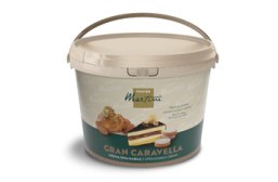 Balde plástico bege de creme para barrar Master Martini Gran Caravella com imagens de croissant e bolo em camadas no ...