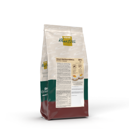 Saco de discos de chocolate branco Master Martini Gran Centramerica, 20% cacau, embalagem creme, verde e bordô.