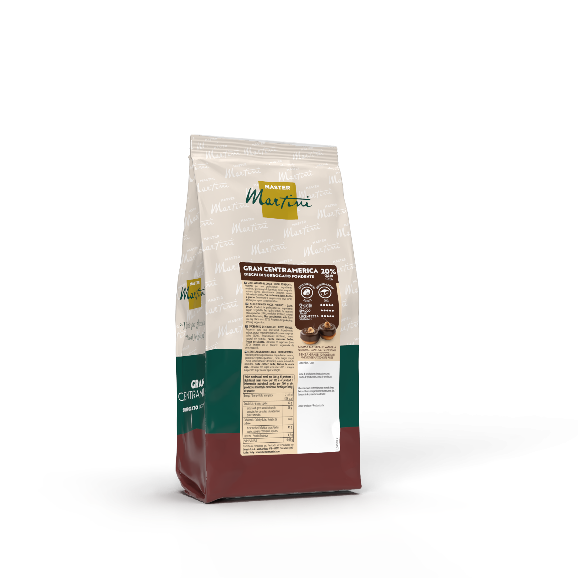 Saqueta vertical de discos de chocolate negro Master Martini Gran Centramerica 20%, embalagem creme, verde e bordô.