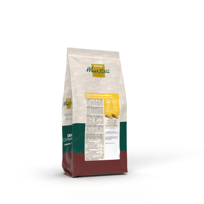 Saco reselável de café Master Martini Gran Centramerica, topo cor de creme e base verde-escuro e bordô.