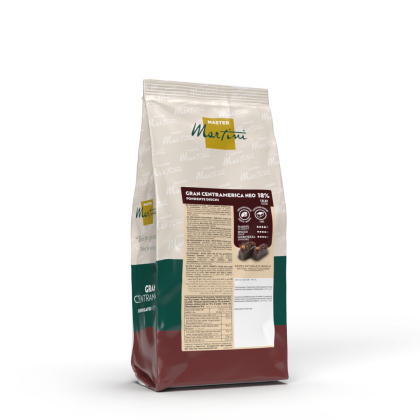Saco de discos de chocolate negro Master Martini Gran Centramerica Neo 18%, embalagem branca, verde e bordô.