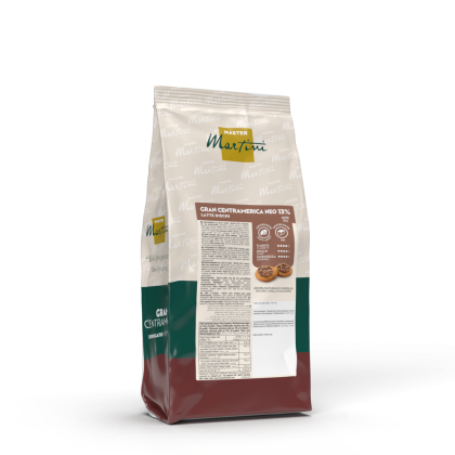 Saco de discos de chocolate de leite Master Martini Gran Centramerica Neo 13%, embalagem creme, verde e bordô