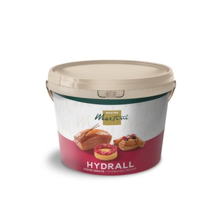 Balde bege de cremes hidratados Master Martini Hydrall, com rótulo de pastelaria e tartes de fruta