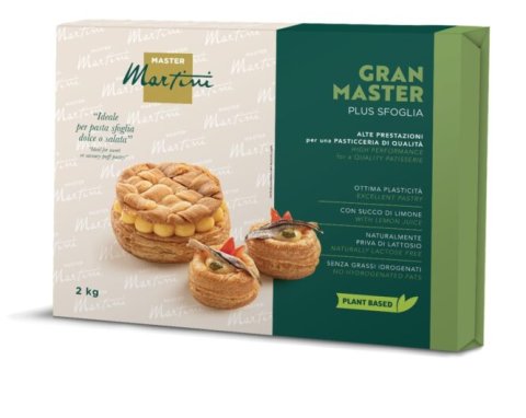 Caixa de massa folhada Master Martini Gran Master Plus Sfoglia 2kg com fotos de choux e torta salgada.