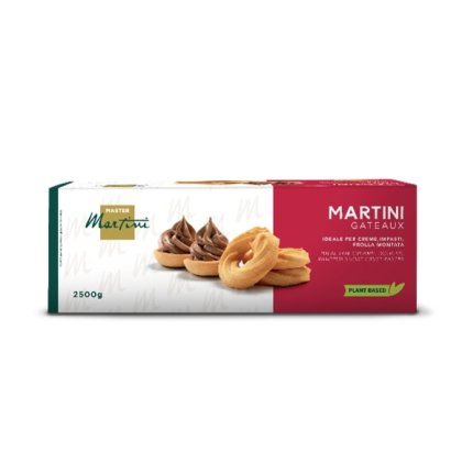 Caixa Master Martini Gateaux, 2500g, massa quebrada vegetal com tartes de creme de chocolate e anéis de massa.