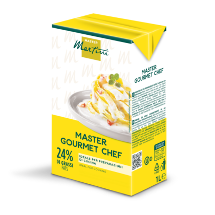 Embalagem amarela de 1L de natas culinárias Master Martini Gourmet Chef, 24% gordura, com imagem de massa no rótulo.