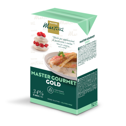 Embalagem de 1L de natas culinárias Master Martini Master Gourmet Gold, 34% de gordura, sem glúten, com imagens de so...