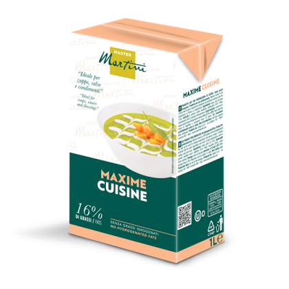 Embalagem de 1L de natas de cozinha Master Martini Maxime Cuisine, 16% de matéria gorda, com sopa verde no rótulo.