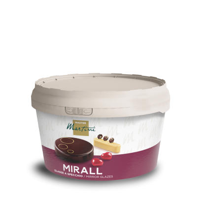 Balde de glaceado espelho Master Martini Mirall, tampa bege e rótulo bordô com sobremesas brilhantes.