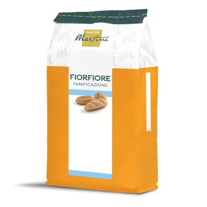 Saco laranja e branco de farinha Master Martini FiorFiore Panificazione com pãezinhos no rótulo.