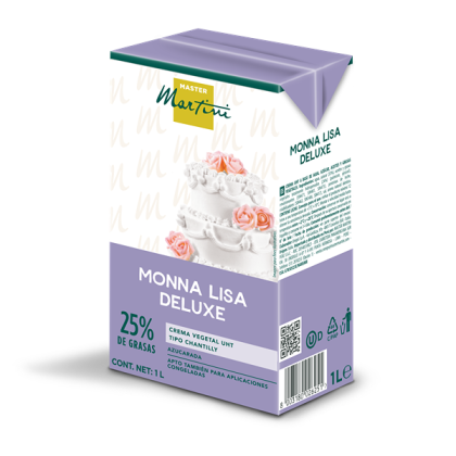 Embalagem roxa de 1L de natas para bater Master Martini Monna Lisa Deluxe, 25% de gordura, com imagem de bolo em cama...