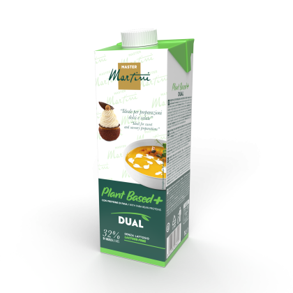 Caixa de nata dupla Master Martini Plant Based+, sem lactose, com imagens de sopa e sobremesa no rótulo.