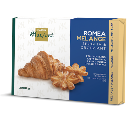 Caixa de 2000g de gordura para croissant Master Martini Romea Melange, com croissant e folhado em forma de estrela