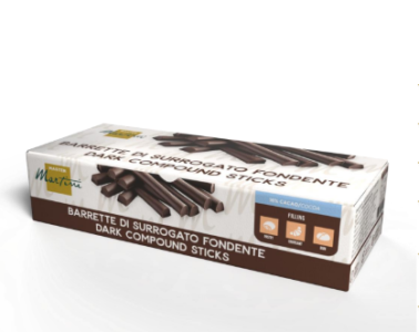 Caixa de barras de chocolate sucedâneo negro Master Martini, com o rótulo "Barrette di Surrogato Fondente", fundo bra...