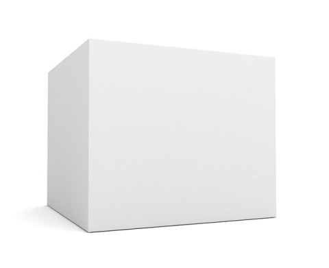 Maquete de caixa retangular branca em branco sobre fundo branco liso, em ligeiro ângulo