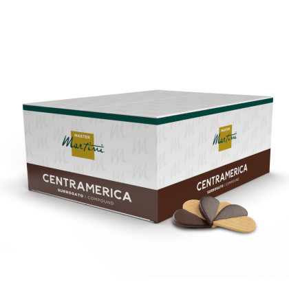 Caixa de cobertura de chocolate Master Martini Centramerica, com discos de wafer cobertos de chocolate negro ao lado