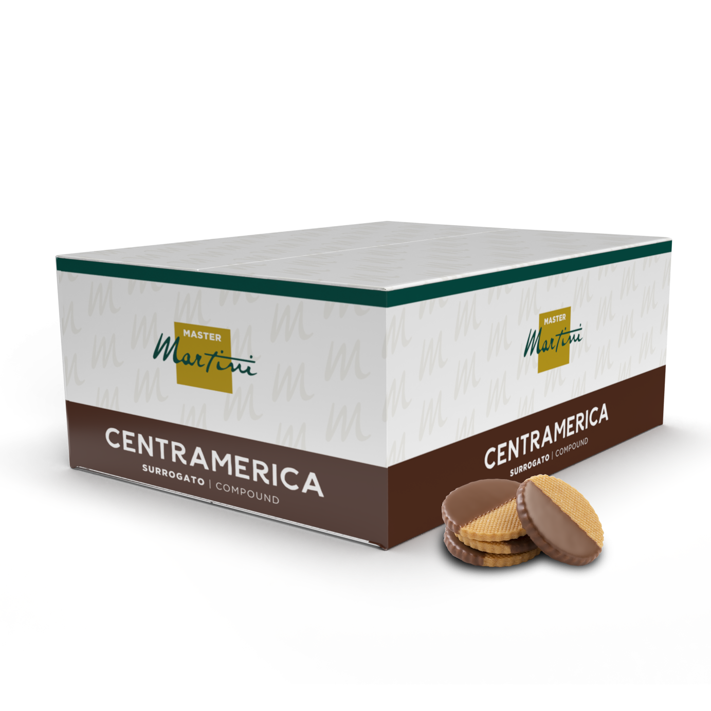 Caixa de chocolate de cobertura Master Martini Centramerica ao lado de biscoitos redondos meio cobertos de chocolate.