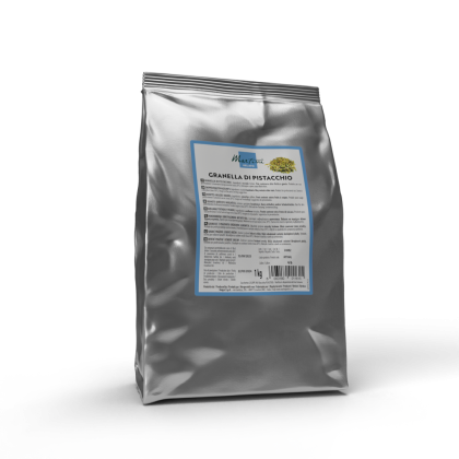 Marfuli pistácio picado 1kg saco de alumínio prateado, rótulo azul, fundo branco