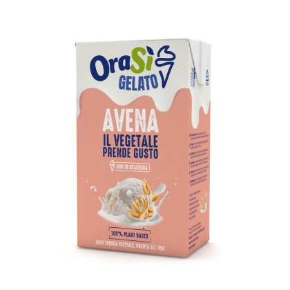 Embalagem Tetra Pak da OraSì Gelato Avena, base de aveia 100% vegetal cor-de-pêssego para gelados.