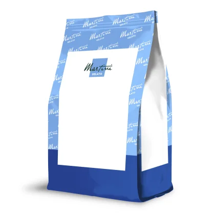 Mockup de saco stand-up azul e branco com a marca "Martini Gelato" e espaço de rótulo em branco para design de produto.