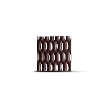 Painel retangular castanho-escuro com padrão entrançado tipo cesto e perfurações ovais verticais, fundo branco