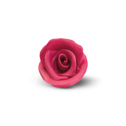 Uma rosa rosa-escuro, provavelmente feita de pasta de açúcar ou goma, isolada em fundo branco.