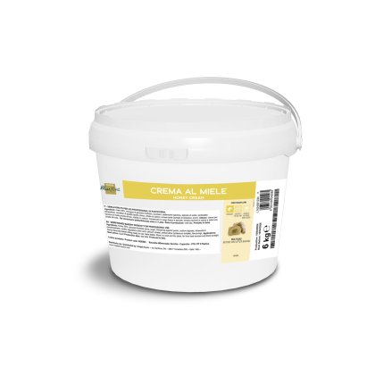 Balde de plástico branco de 6 kg com pega, rotulado "Crema al Miele" creme de mel para pastelaria profissional