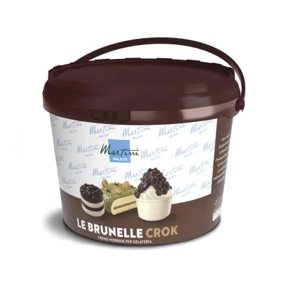Balde castanho de creme suave Martini Gelato "Le Brunelle Crok" para gelatarias, com imagens de pistácio e cacau