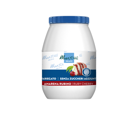 Tina plástica branca de Martini Gelato com tampa azul, rotulada Amarena Rubino sabor cereja, sem açúcar adicionado