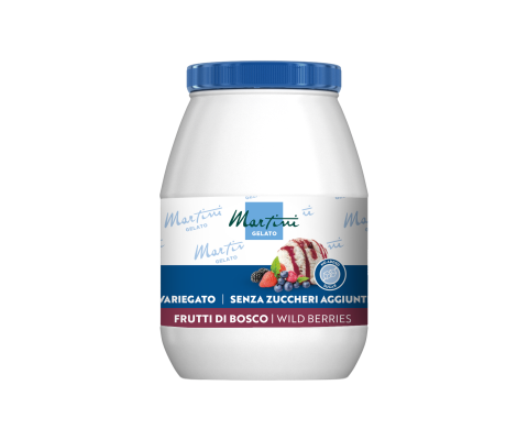 Embalagem branca de gelado Martini com tampa azul, rótulo Wild Berries, sem açúcar adicionado, fundo branco