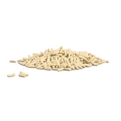 Pequeno monte de grânulos cilíndricos cor creme sobre fundo branco, com alguns pedaços espalhados à volta.