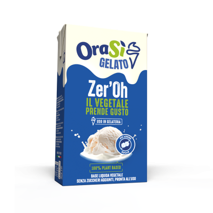 Caixa azul e branca da base líquida vegetal OraSì Gelato Zer'Oh, com gráfico de colher de gelado no rótulo.